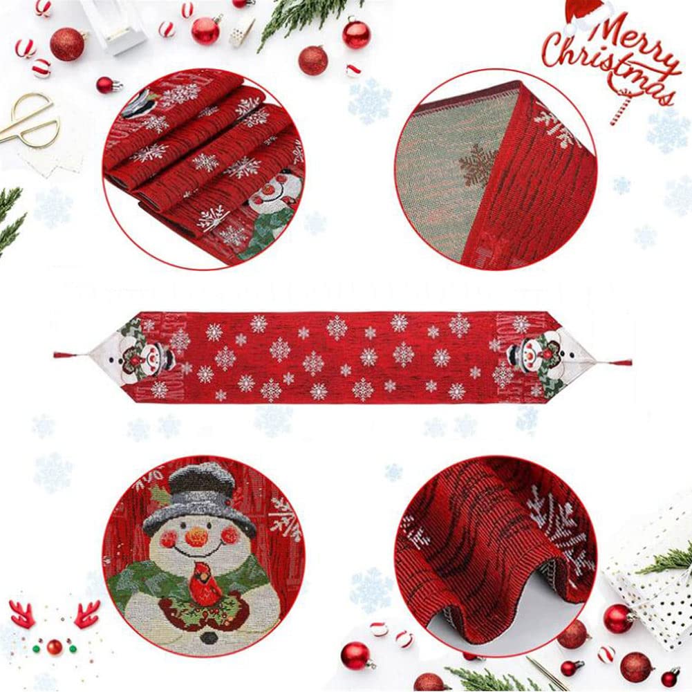 Runner Da Tavola Natalizio 183x33 Cm: Tovaglia Rettangolare Rossa In Cotone E Lino Con Ricamo Pupazzi Di Neve