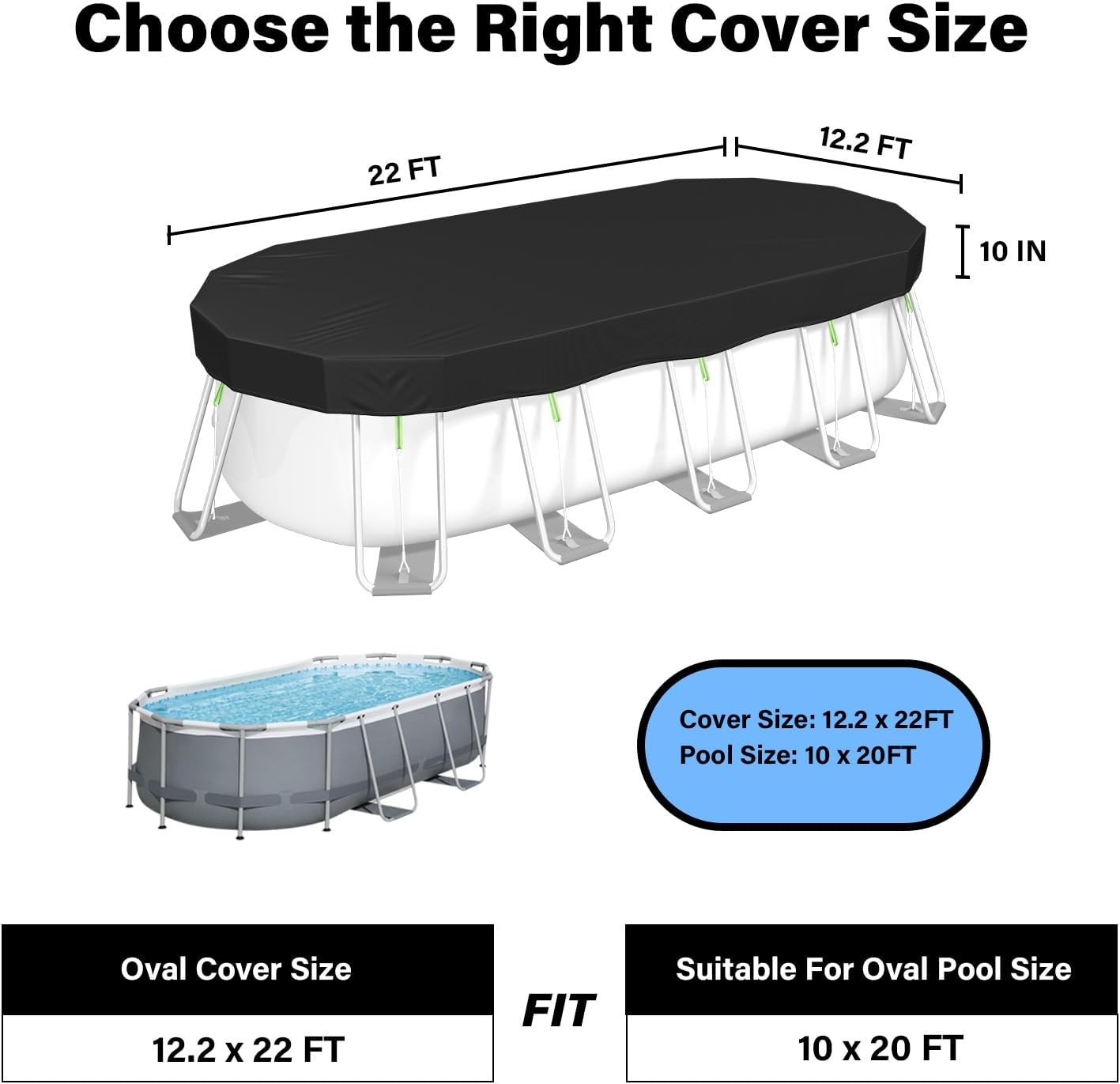 Oval Pool Cover 10 x 20 Ft for Above Ground Pool [ Upgrade 420D ] Heavy Duty Fabric Pool Covers Oval Swimming Pool Cover with Ground Nails, Hook and Loop Fastener, Super Windproof, Quick Installation