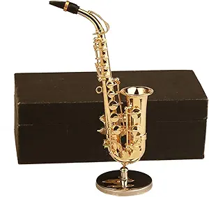 Dselvgvu Copper Miniature Saxophone with Stand and Case Mini Musical Instrument Miniature Dollhouse Model Mini Alto Saxophone Tenor Saxophone Home Decoration (Alto Saxophone, 5.24"x2.76"x0.89")