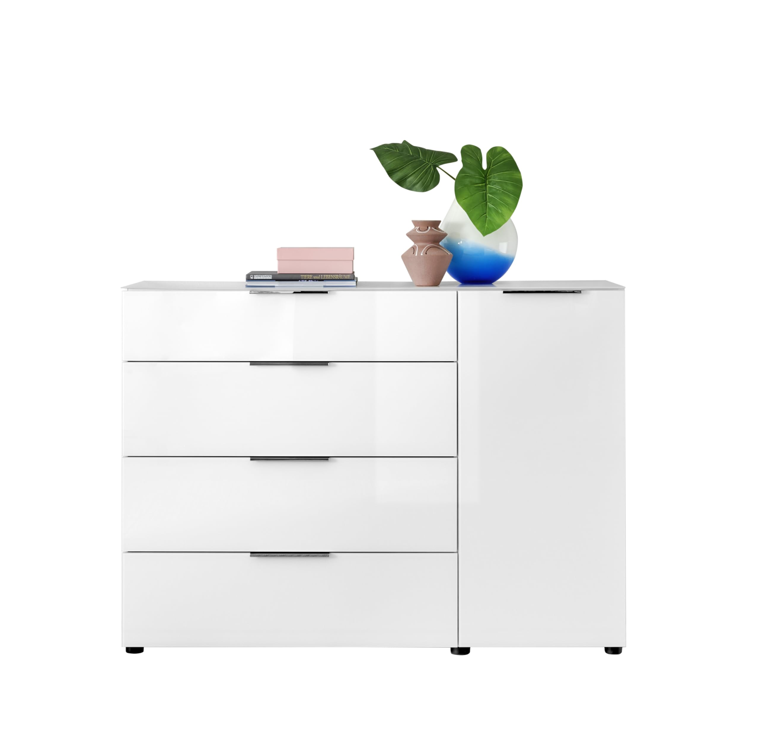 Kommode SANTORIN weiß mit Glasfront, Schrank Korpus in weiß mit Oberboden in Glas-mit viel Stauraum und Schubladen für Ihren Wohnbereich