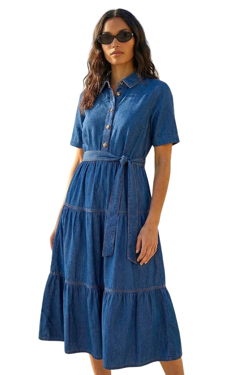Roman Button Detail Tiered Midi Dress, Blue, Size 12, Women