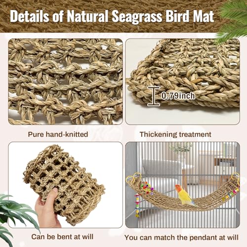 Image of 29.5 x 7 inches Large Bird Seagrass Mat Grass Woven Net Parrot Hammock Mat Parakeet Climbing Rope Ladder with Hooks Bird Cage Accessories for Conure Cockatiel Budgie Macaw