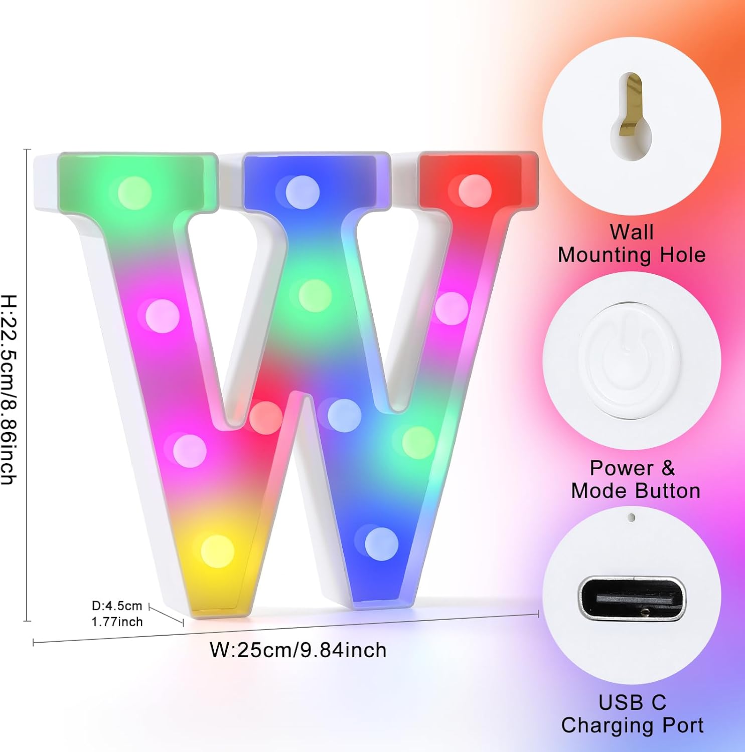 mooncow Rechargeable Light Up Letters,Colorful Marquee Letters with Remote,Gift Wrap Gifts,Bedroom Home Bar Party Decor (W) image 4