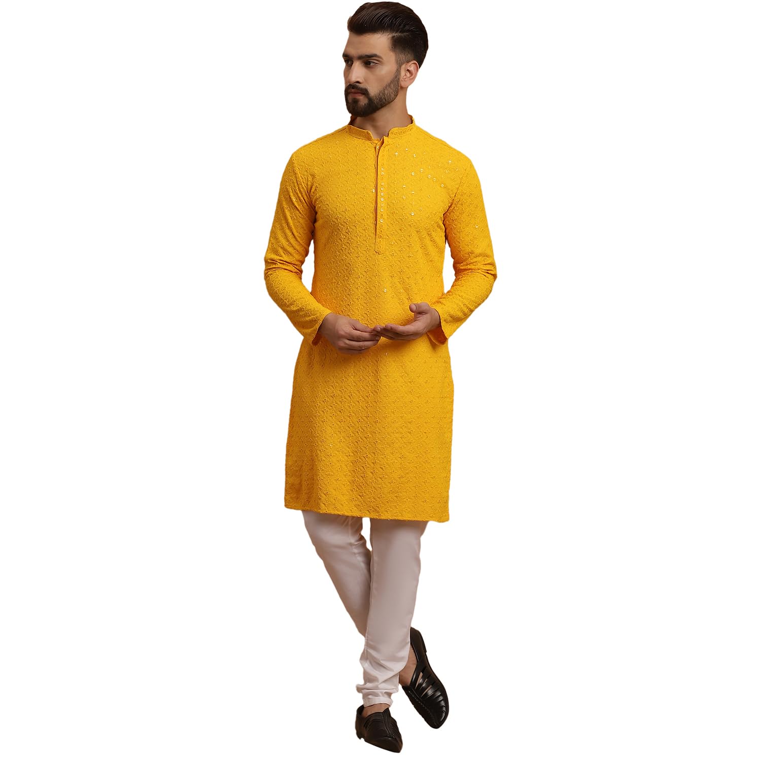 Sojanya (Since 1958 Men's Cotton Mustard Kurta And White Pyjama Cream Embroidery Nehru Jacket