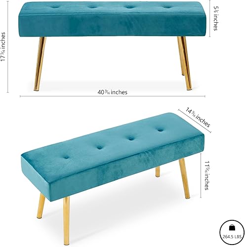 Miniatura 2 de Homedot Banco decorativo para sala de estar, banco otomano elegante de terciopelo para dormitorio, extremo de la cama con patas de metal dorado,