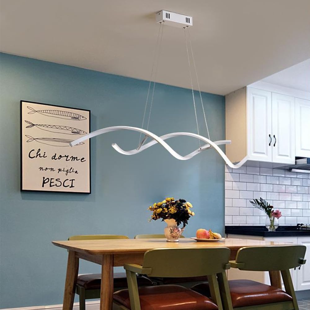 Lampadario LED Moderno 54W Dimmerabile con Telecomando | Luce Calda Naturale Fredda 3000K–6400K | Design Ondulato Regolabile Bianco/Nero | Sospensione Elegante per Cucina Sala Soggiorno (Bianco)