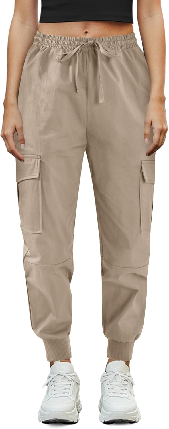 SOFIA'S CHOICE Women Cargo Jogger Pants Drawstring Mid Rise Athletic Workout Pant Khaki Medium