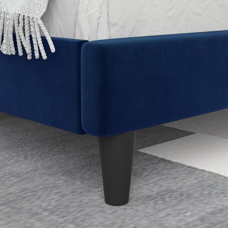 Image of HITHOS Modern Upholstered Queen Size Bed with Wingback Headboard | Wooden Double Bed Cot Palang Without Storage for Living Room Bedroom Home (Navy Blue) 1 Year Warranty