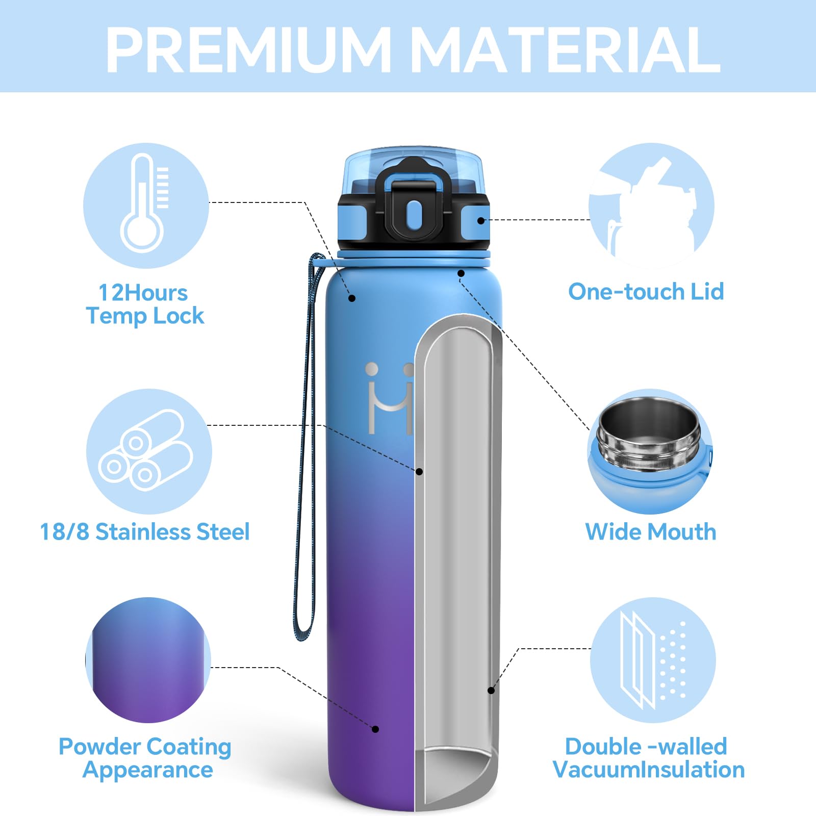 Botella Agua Acero Inoxidable 1 litro - Botella Termica - Cantimplora Gym- A Prueba de Fugas - Cantimplora sin Bpa- Mantiene 24H Frio/12H Calor, Termo para Deportes, Cámping, Gimnasio, Oficina - 3