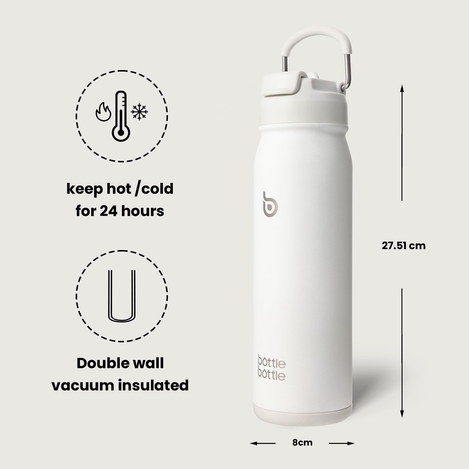 BOTTLE BOTTLE Edelstahl Trinkflasche 24oz(709ml) mit Strohhalm Griff und Pillenfach für Outdoor Schule, isolierte sportflasche (Weiß)