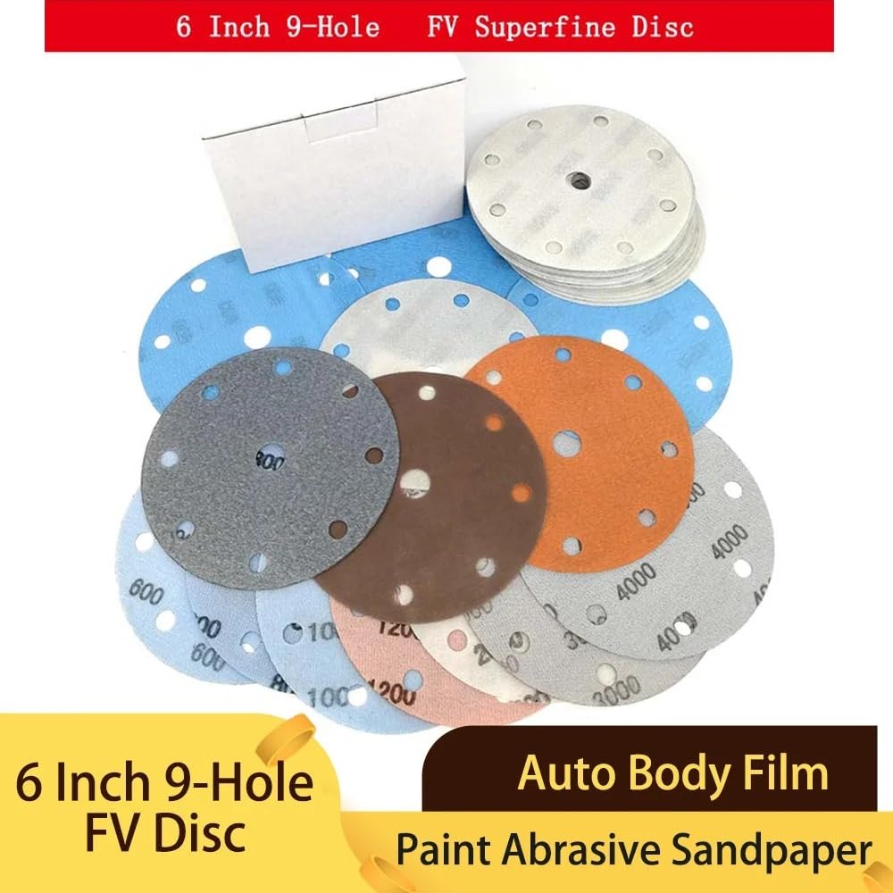 Papel de lija abrasivo ZSBLXHHJD 6 "150 mm 9 agujero Fv Papel de lija de la rueda de la rueda de la rueda de la película del cuerpo y lazo de la bucle Auto ultra fino, 600# -4000#