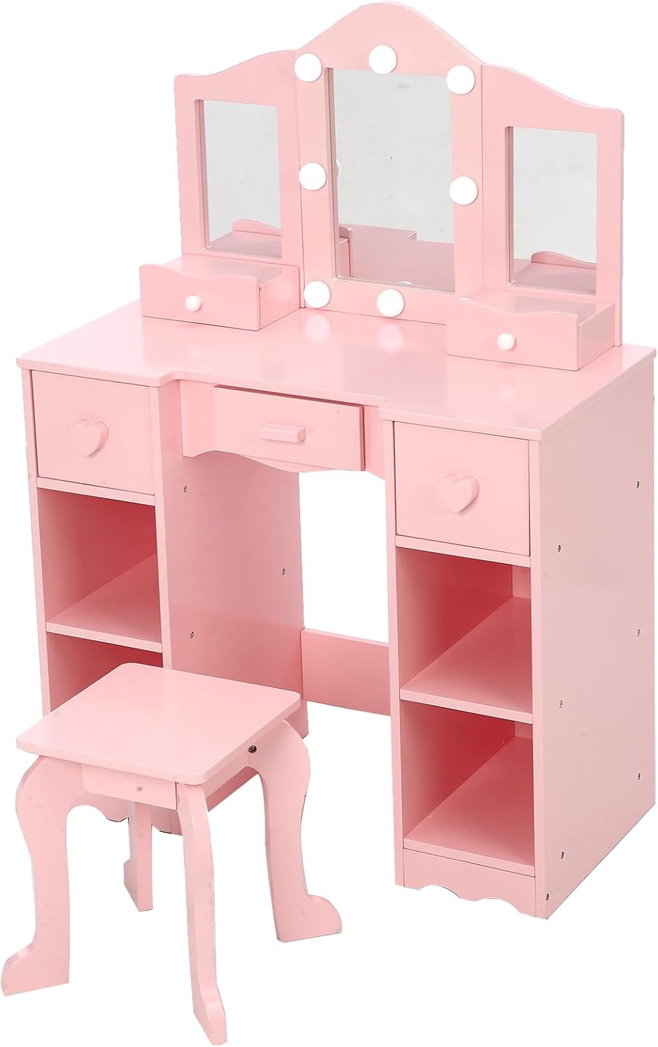 GarveeLife Children's Dressing Table with Stool, 3 LED Mirrors and 5 Drawers, Wooden Dressing Table for Little Girls from 3 to 6 Years - 70 x 34 x 100 cm, Pink