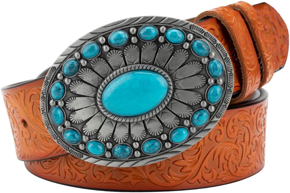 Women's Belt,Western Cowboy Belt,Turquoise Belt Western for Men, Women, Cowboy and Cowgirl,Brown,115CM/45.3''