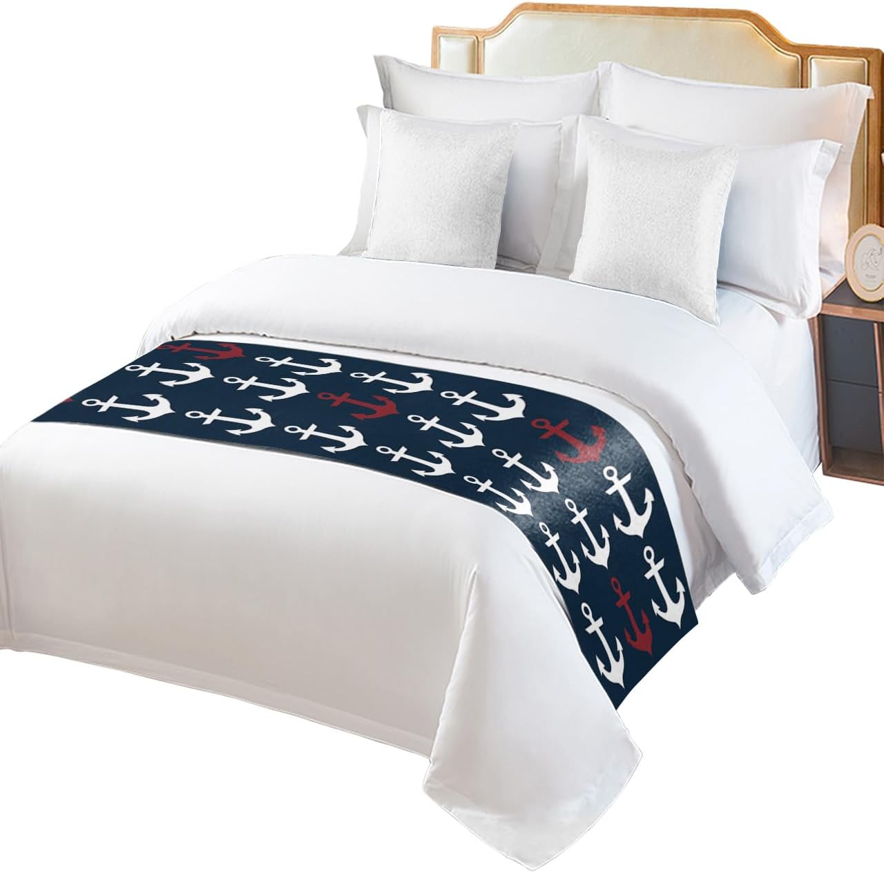 Smile Sunflower Bed Runner Scarf Nautical Ocean Anchor Dark Blue Bedding Scarf Decorative Bed Runners Cover for Home Bedroom Hotel Wedding Room Bed Scarf for Foot of Bed Full 83x20in