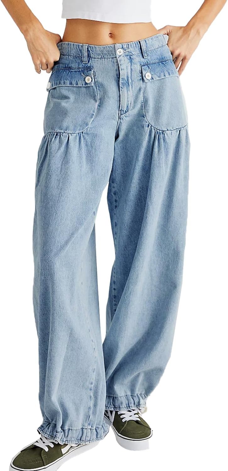 yoeasy Women's Lotus Tube Jeans Mid Rise Baggy Wide Leg Barrel Jeans Drawstring Ankle Denim Pants with Pockets