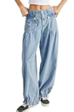 yoeasy Women's Lotus Tube Jeans Mid Rise Baggy Wide Leg Barrel Jeans Drawstring Ankle Denim Pants with Pockets