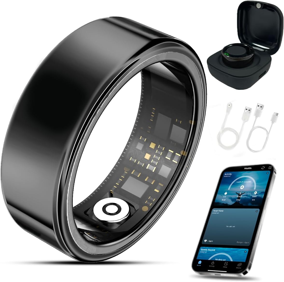 Smart Ring Health Tracker with Charging Case,Sleep,Heart Rate & Blood Oxygen Monitor, 5ATM+IP68 Waterproof Fitness Ring, No Subscription,3-7Day Battery,iOS & Android Compatible for Men Women Black 10#
