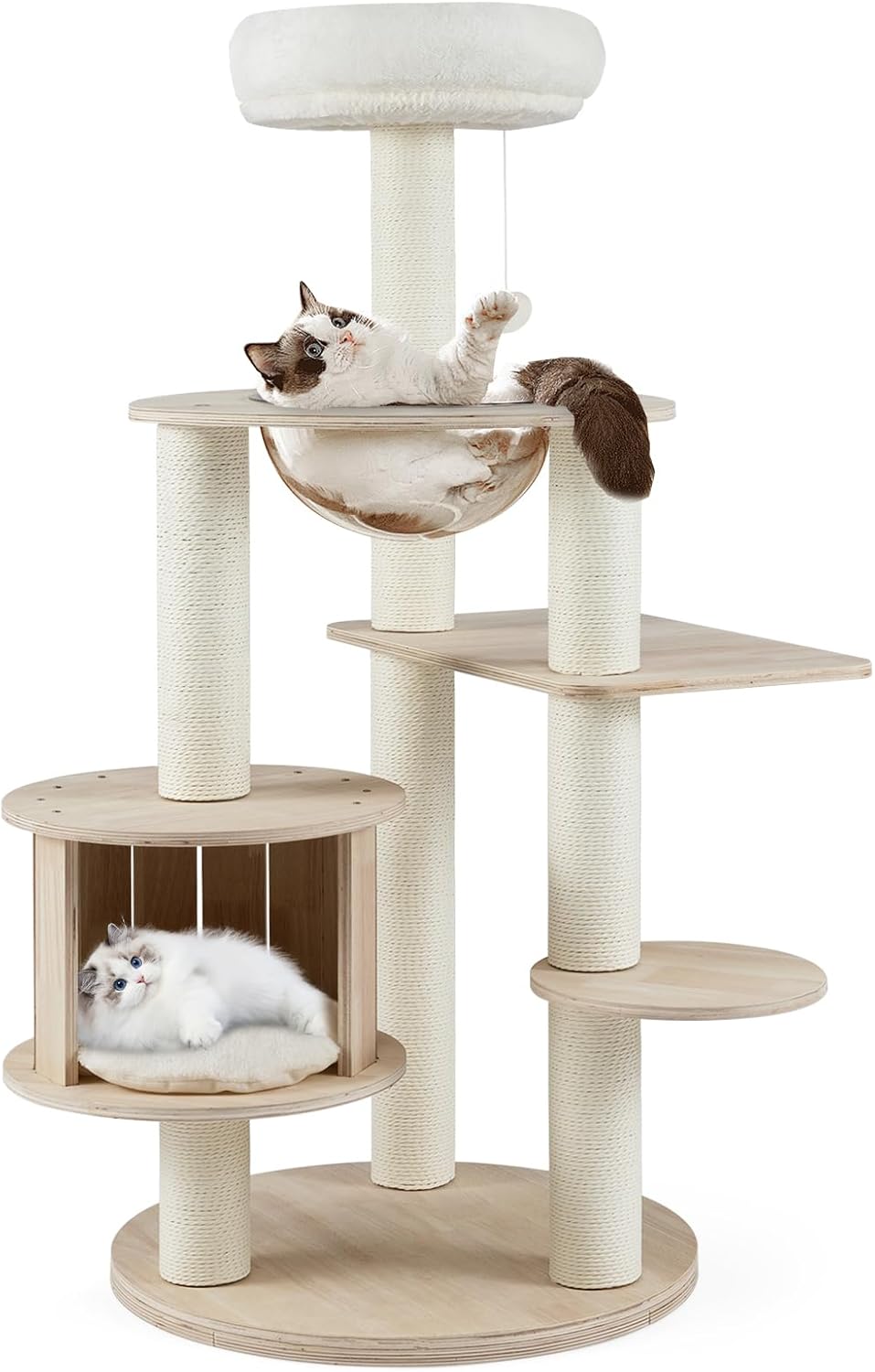 PETSITE 52 Inches Wooden Cat Tree, Multi-Level Modern Cat Tower with Scratching Posts, Space Capsule, Condo, Interactive Hanging Ball, and Top Perch with Removable and Washable Cushions