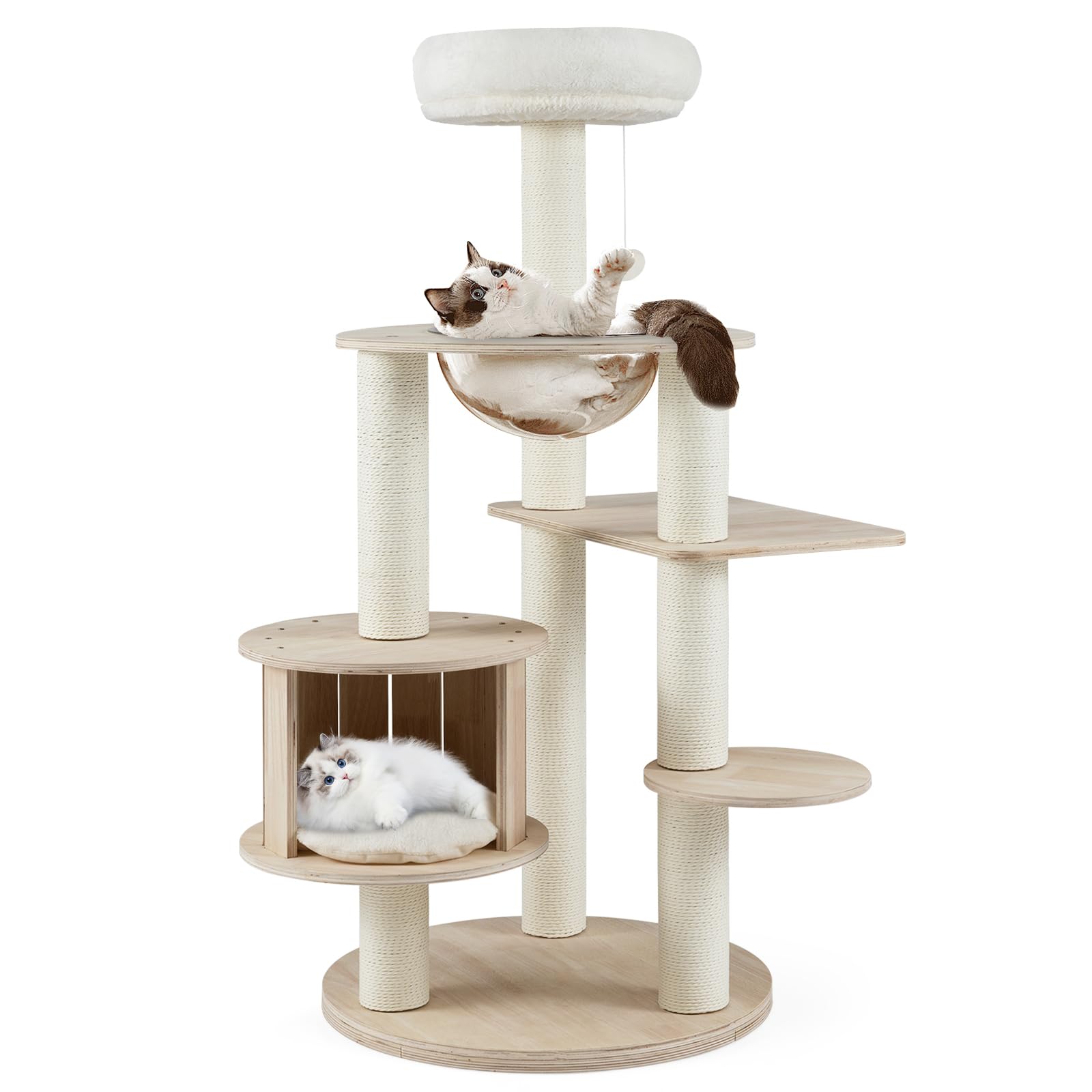 COSTWAY Tall Cat Tree, Wooden Cat Climbing Tower with Scratching Posts, Condo, Hammock/Space Capsule, Kitten Activity Center for Indoor Cats