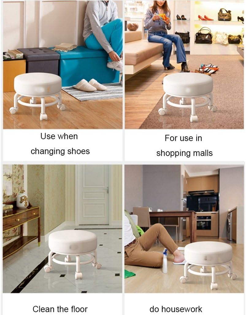 Heavy-Duty Low Roller Stool with 360° Swivel Wheels, Ottoman Footstool, Low-Height Short Rolling Stool Seat, PU Leather Small Mechanic Chair, Rolling Stools for Garage, Shop, Library Orange
