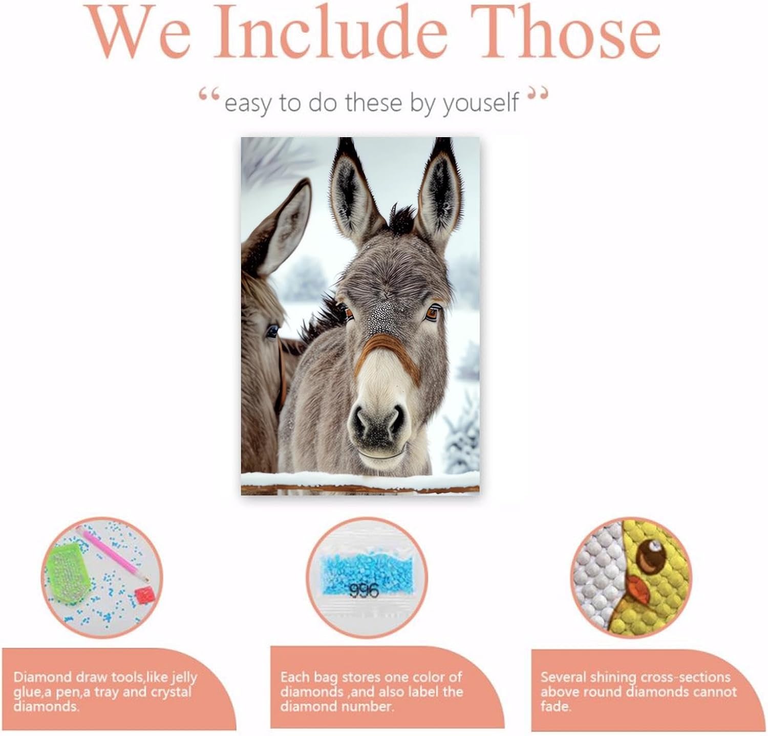 NSUAJOF Donkey Diamond Painting Kits Winter Donkey Art Painting 5D DIY Full Round Drill Adults Beginners, Personalized Gifts for Family Friends Home Wall Decor 12x18 Inch