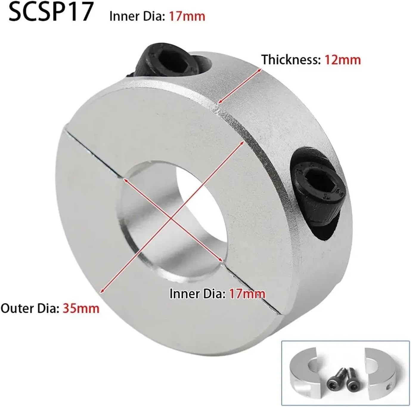 Double Split Clamp-On Shaft Collar， Aluminum Alloy Open Type Shaft Collar Fixed Locking Limit Ring 6-20mm(17mm)