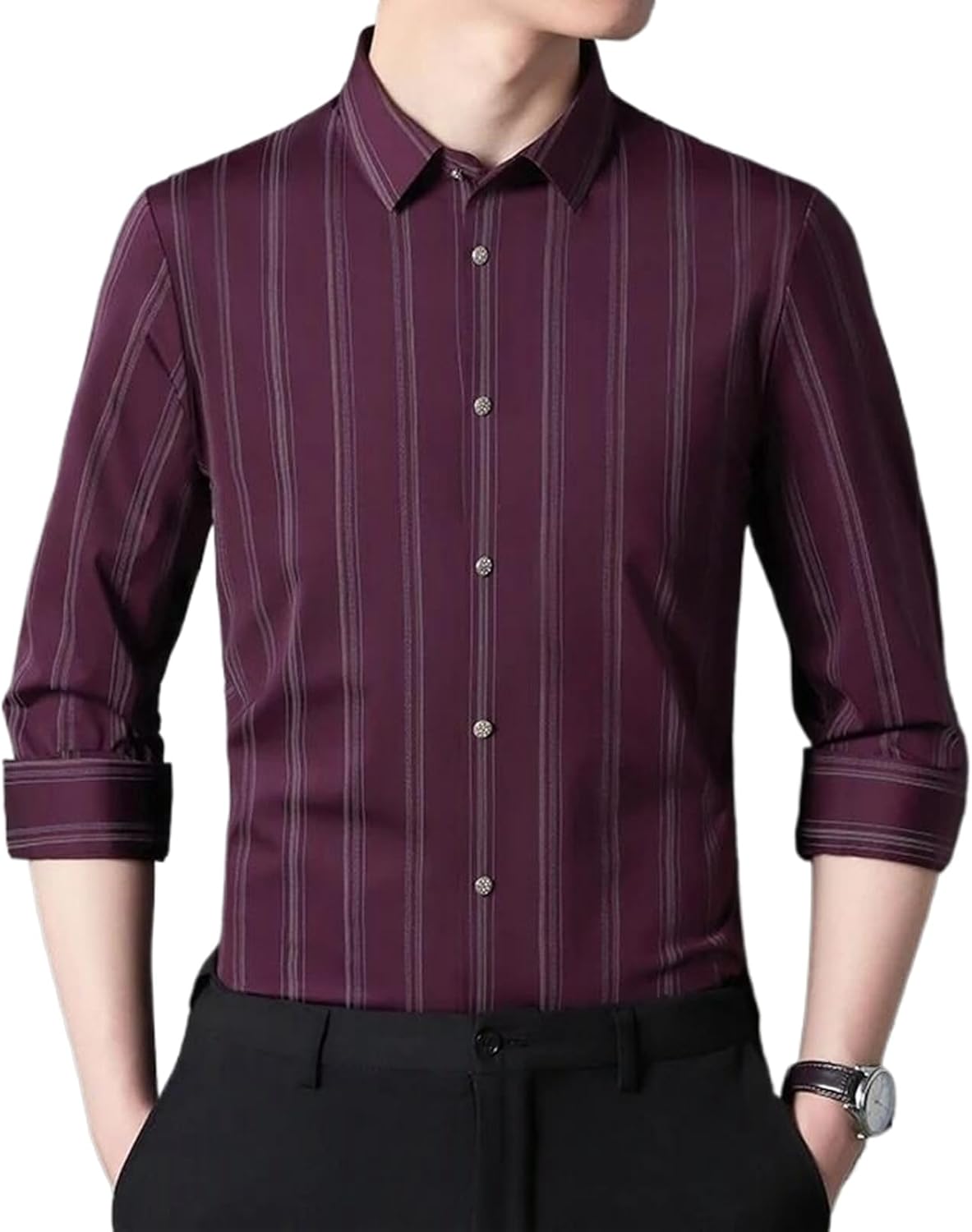 Long Sleeve Shirts for Men Slim Fit Formal Shirt Soft Striped Tops Business Clothes