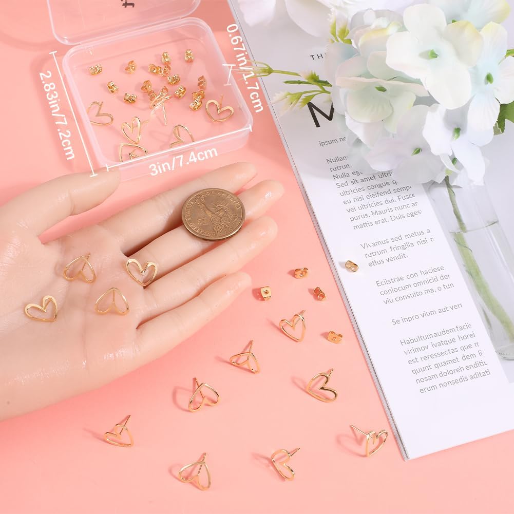 Beebeecraft 1 Box 20Pcs Love Hollow Stud Earrings 18K Gold Plated Heart Shape Stud Earrings with 20Pcs Ear Nuts for DIY Jewelry Making Pin 0.7mm