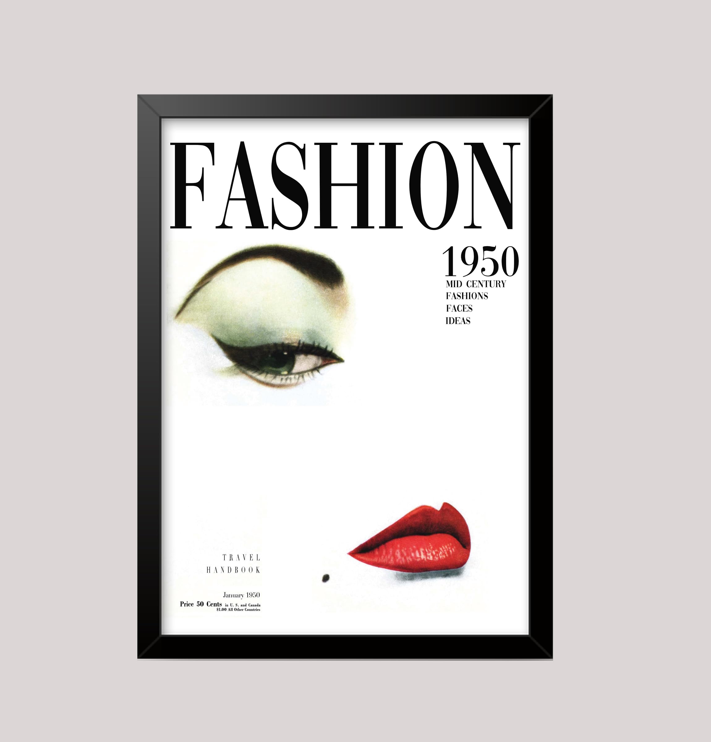 Vintage Magazine Art Cover FASHION 1950 Eye and lips Beuty wall art poster print (A3 Framed - White Frame)