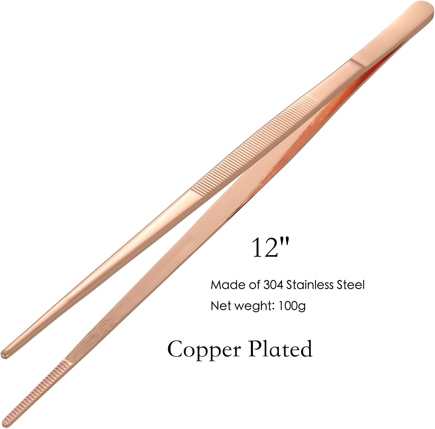 2Pcs 12" Fine Long Tweezer Tongs, Professional Cocktail Garnish Tools, 304 Stainless Steel for Kitchen, Food, Cooking (Copper Plated 2PCS)