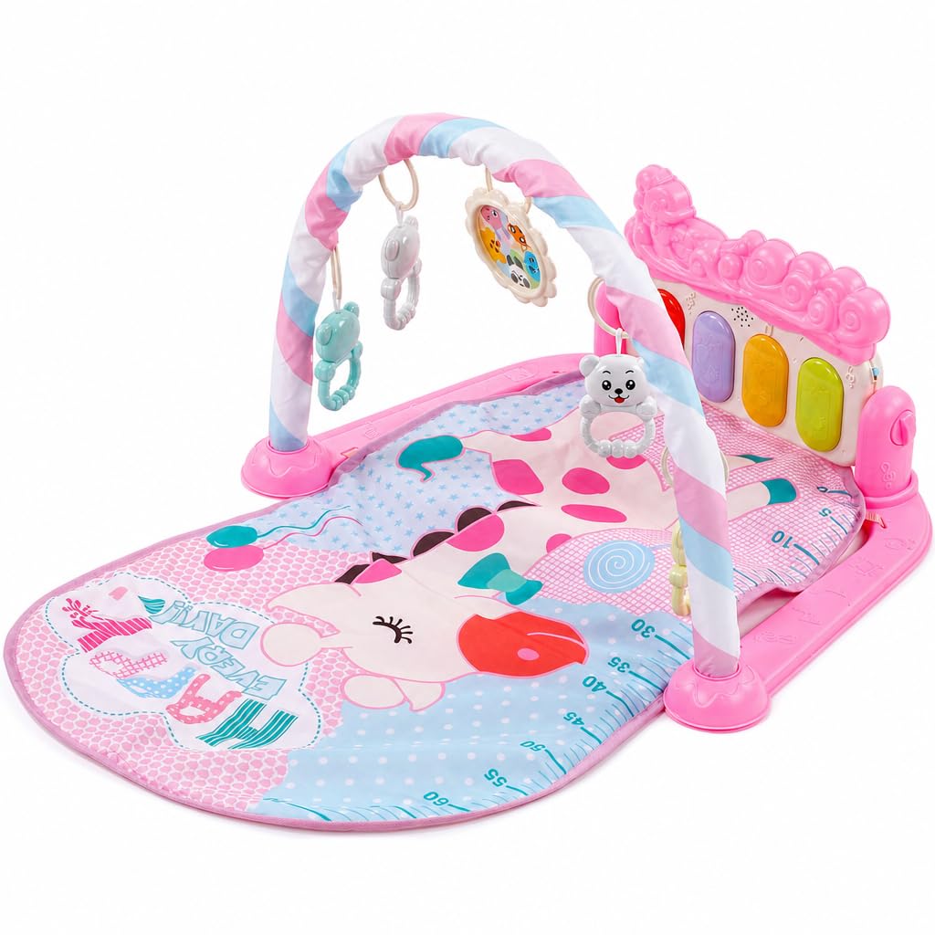 Maqulae Baby Play Mat Learning Sensory Sound Light Infant Kicks Play Piano Mat with Rattles Toy Pink for Newborn