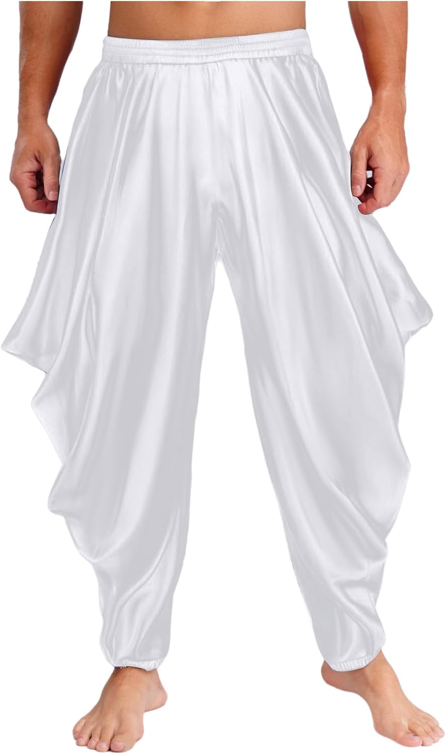 FEESHOW Men's Loose Fit Harem Pants Elastic Waist Satiny Trousers for Arab Prince Cosplay Outfits