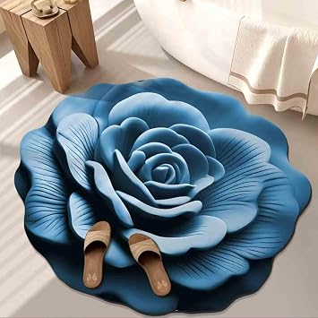 Floral Plush & Diatomaceous Earth Floor Mat,3D Realistic Pattern Non-Slip Absorbent Mat, Super Absorbent Safe Quick Drying Bath Mat for Bathroom Kitchen, Easy to Clean (Blue,15.7 * 15.7 inch)