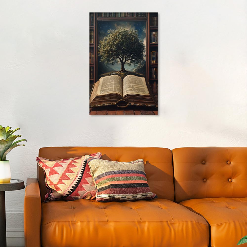 TISHIRON 1 panneau d'art mural arbre de vie 1 pièce livre antique impression sur toile bibliothèque œuvre d'art pour murs de maison, peinture encadrée pour chambre à coucher, bureau, 61 x 40,6 cm