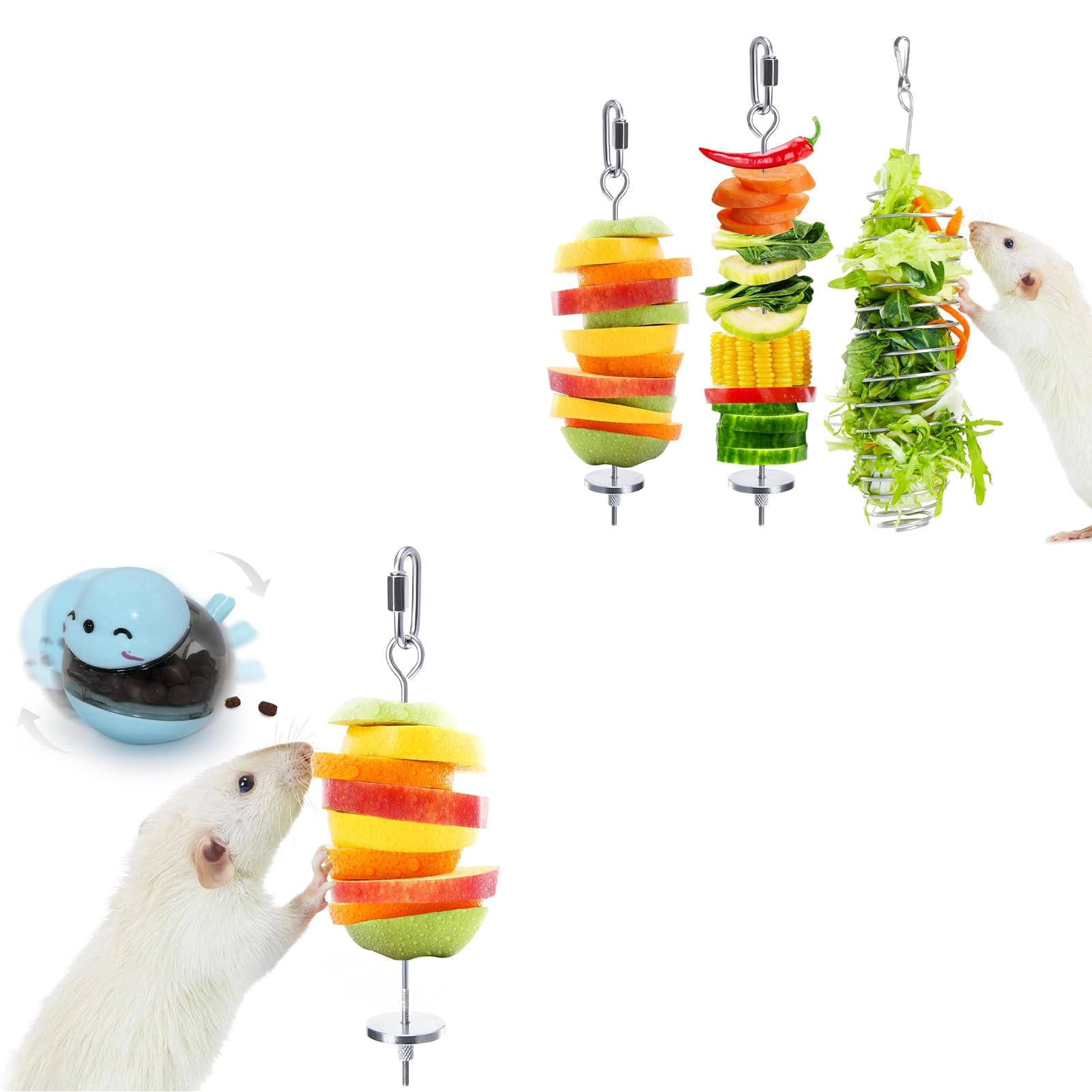 5Pcs Rat Enrichment Toys, 304 Stainless Steel Foraging Fruit Veg Holder, Treat Dispenser, Interactive Puzzle Slow Feeder, Rotating Sniffing Cage Accessories for Rats/Mice/Birds