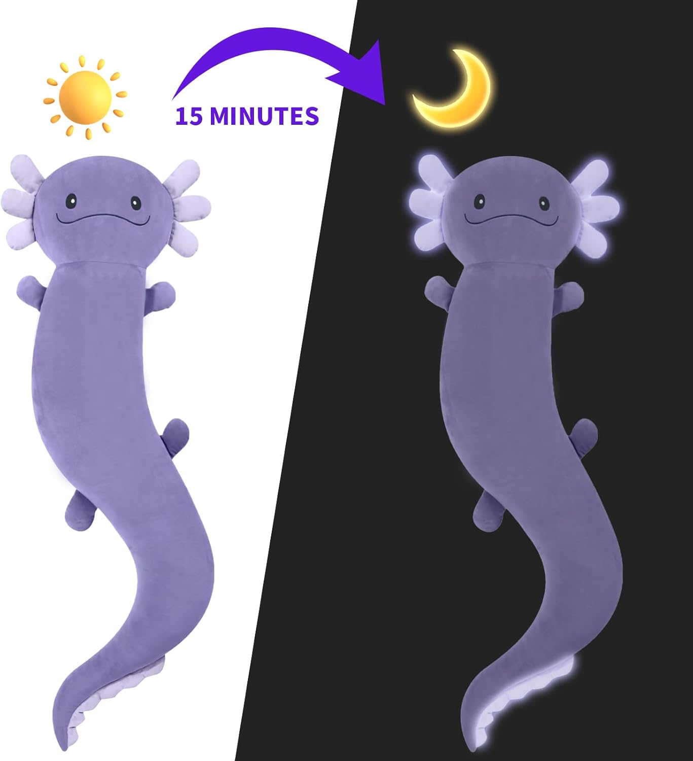 Tianmihou 48 Inch Giant Axolotl Stuffed Animal, Cute Plush Toy Purple Axolotl Body Pillow for Kids, Soft Salamander Glow in The Dark Plushie Gifts for Girls, Boys, Birthday