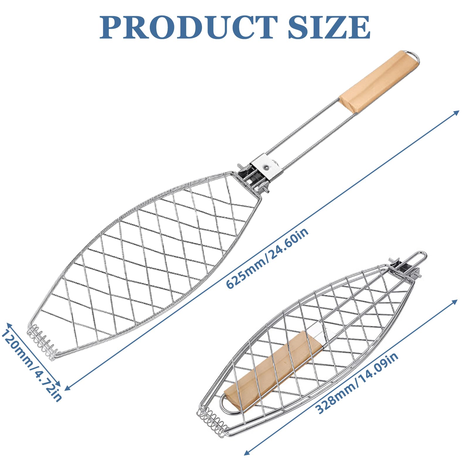 3er-Set Fisch Grillhalter mit Holzgriff, 63x12cm Große Fischbräter Fischgriller mit Griff aus Metall, Fischhalter Fischwender Grillfisch Rack Fischgrillzange Fischkorb für Grill und BBQ