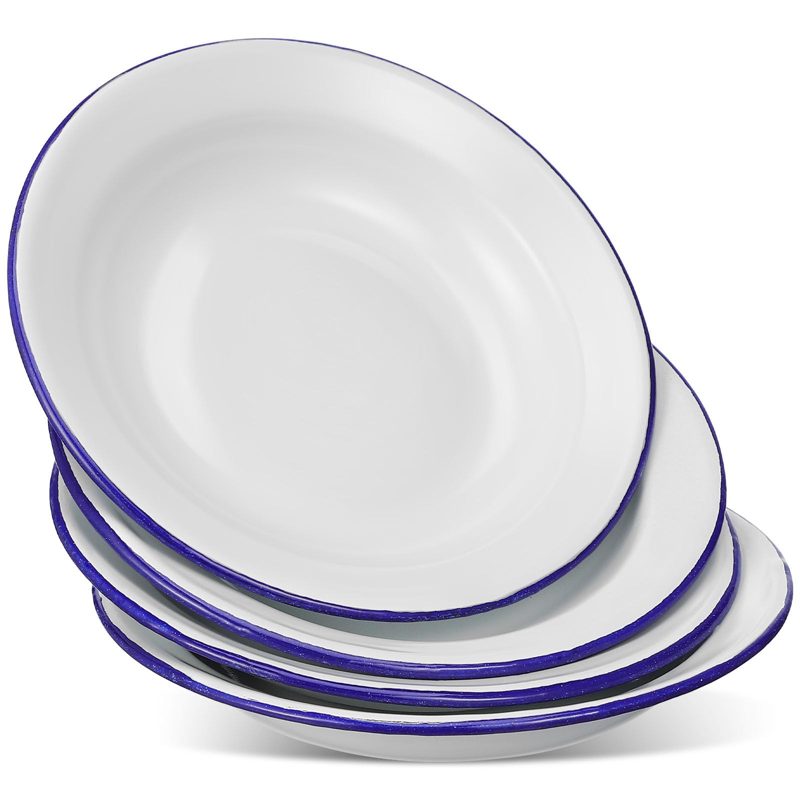 DOITOOL Pack of 4 Enamel Plates, 6.3 Inch Unbreakable Enamelware Dinner Serving Platter Trays, Retro Salad Pasta Bowls Round Shallow Bowls with Blue Rim for Dinner, Outdoor, Camping, Picnic, BBQ