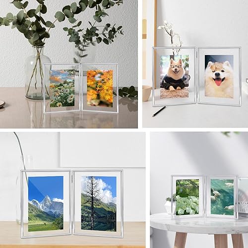 Miniatura 2 de Marco de fotos de metal plateado doble de 8 pulgadas, marco de fotos plegable flotante de escritorio de 6 x 8 pulgadas para cumpleaños, boda,