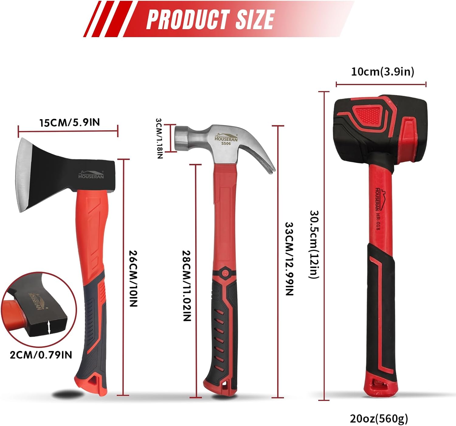 3 Piece Hammer Set, 14" Camping Axe, 680g Claw Hammer, 20oz Rubber Mallet, Hammer Set Mechanic, Rubber Mallet Set, Suitable for Family, Camping, Stakes, DIY