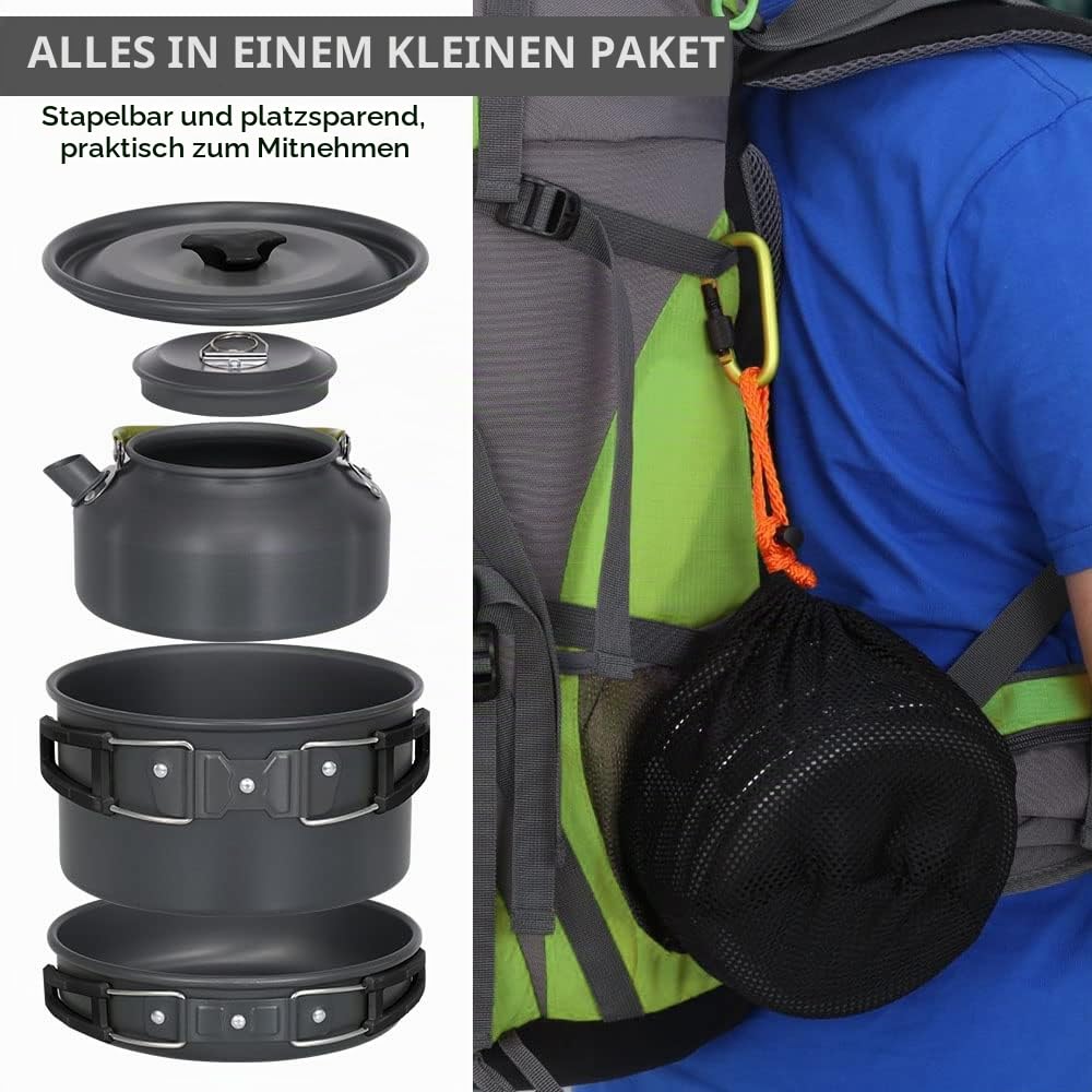 Lixada Camping Kochgeschirr Set Leichte Camping Topf Aluminium Pan Kettle Cups Löffel Gabel Cutter für Picknick Wandern Kochen Camping 2-3 Personen