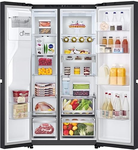 LG GSLE91EVAB Freistehend Side-by-Side Kühlschrank, 623 l Nutzinhalt, Total NoFrost, Crushed Ice- und Wasserspender, FrischeZone, Display, Essence Black