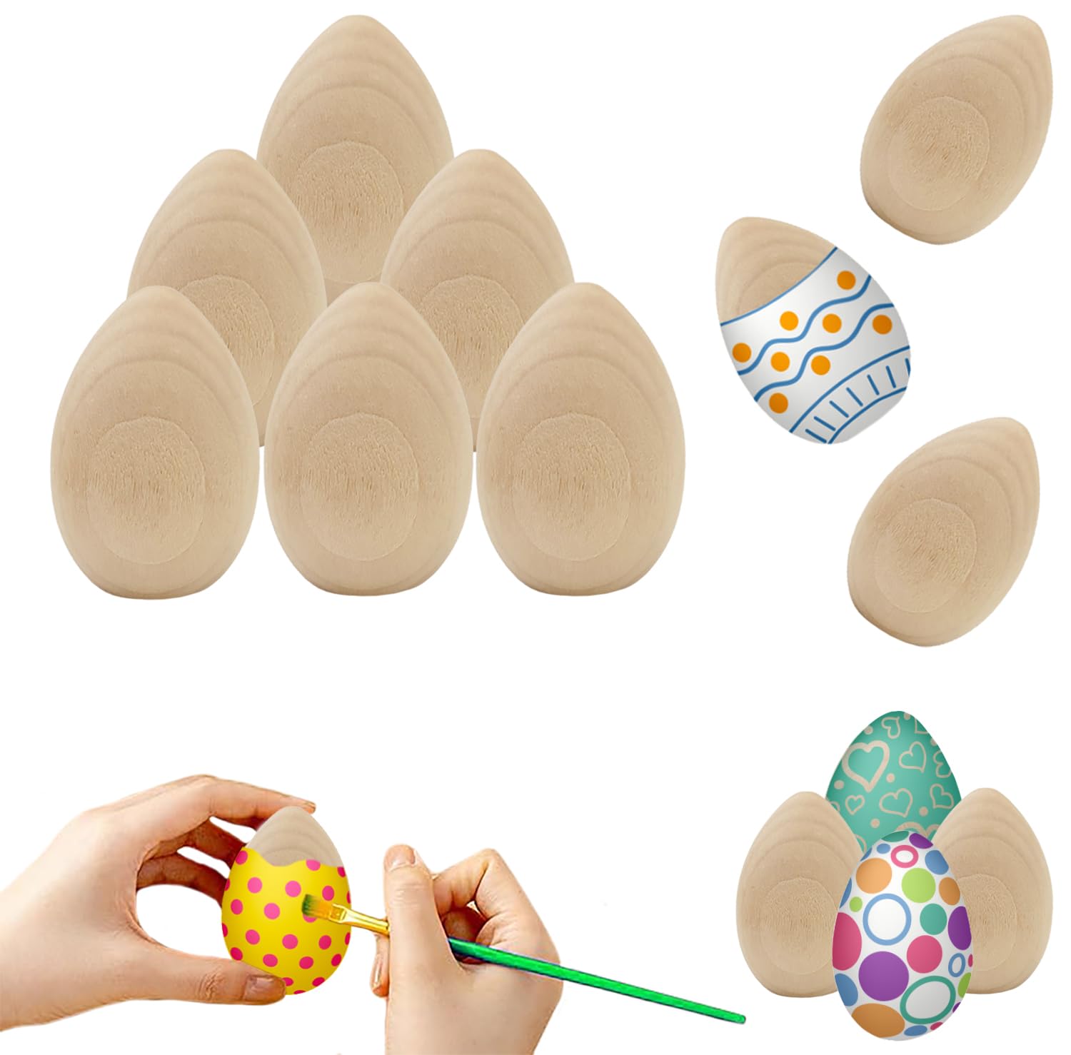 Uova di Pasqua in legno naturale liscio non verniciato, perfette per artigianato pasquale, decorazioni e caccia alle uova in cartone, 5,3 cm (confezione da 48)