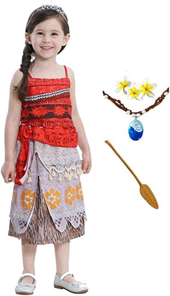 ROMASA Moana Girls Adventure Outfit Cosplay Costume Skirt with Necklace&flower(4.59ft)