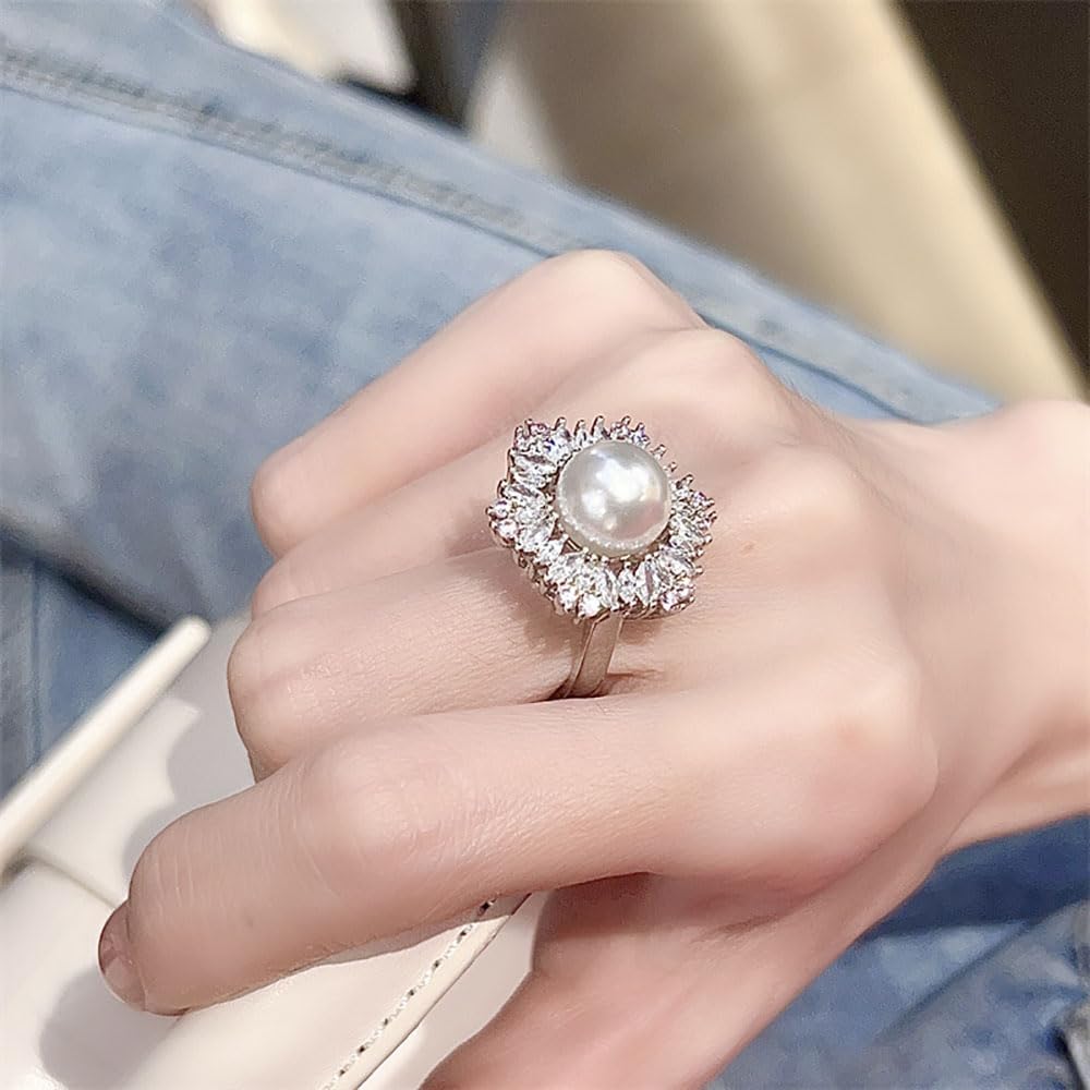 Kokoma Flower Pearl Ring for Women Mothers Day Rhinestone Pink CZ Open Statement Rings Eternity Engagement Wedding Rings Finger Band Adjustable - Image 3