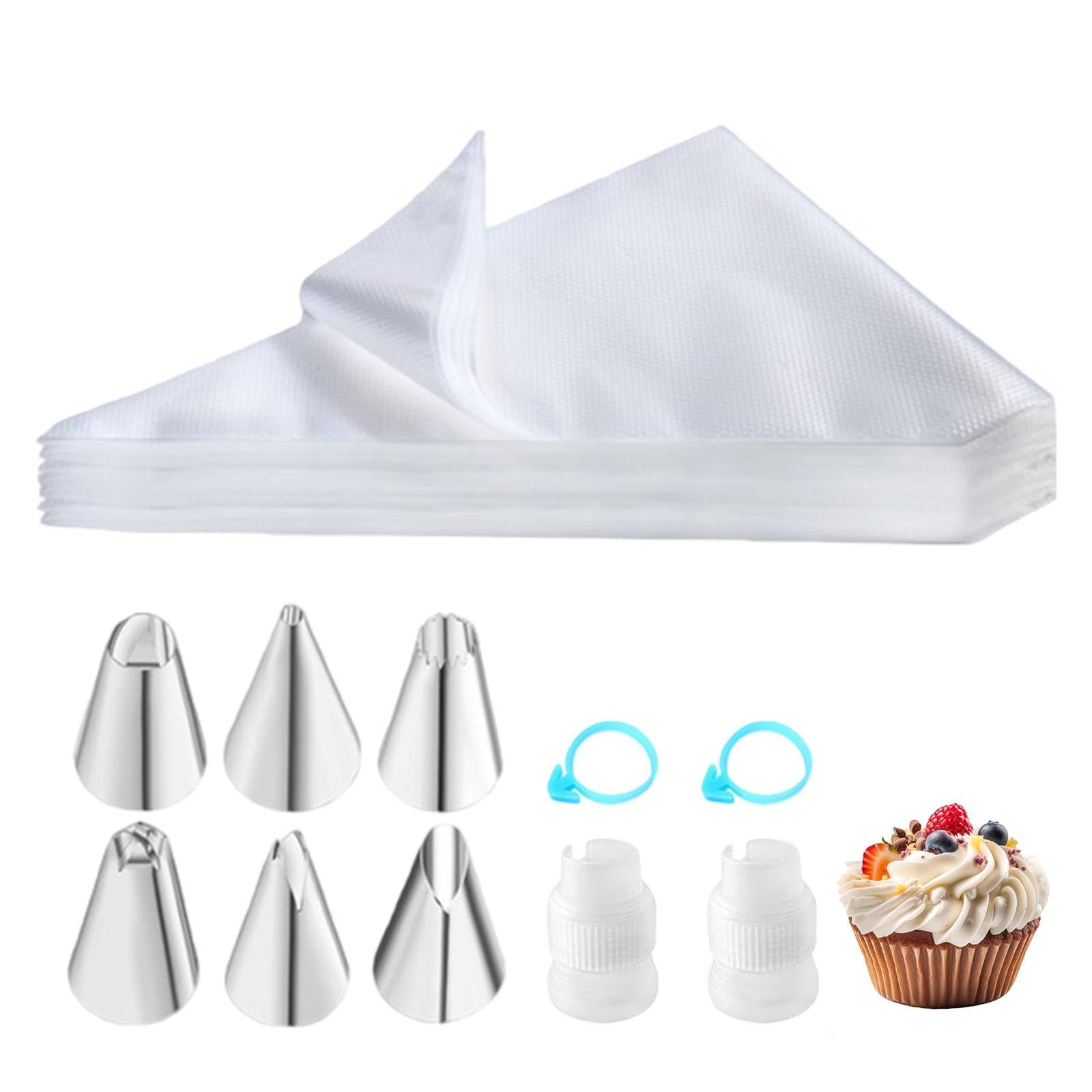 Henyall 110-Pcs, 100 Disposable Medium Frosting Bags and 6 Nozzles, 2 Connectors, 2 Straps, Pastry Bags for Cakes and Desserts
