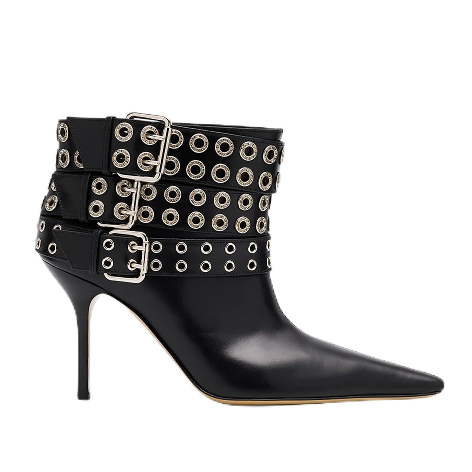 Womens Studded Buckle Strap Pointed Toe High Heel Ankle Boots with Grommet Embellishments