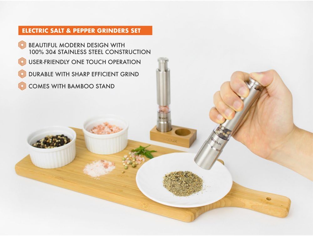 OPUX Premium Salt and Pepper Push Button Grinder Set | One-Hand Pump and Grind Salt Shaker Mill, Modern Thumb Press Pepper Grinder, Brushed Stainless Steel | Bamboo Stand Included