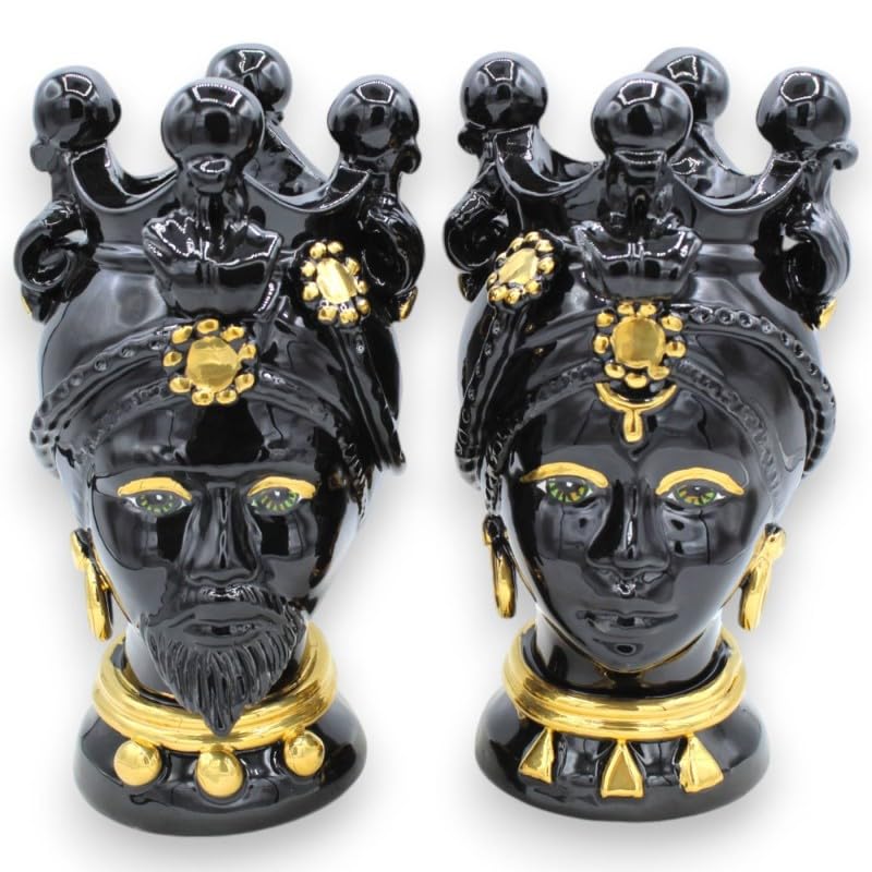 SICILIA BEDDA CAPACI Teste di Moro Siciliane (Coppia) h 22 cm ca. Caltagirone, Smalto Nero e Applicazioni in Oro zecchino 24k