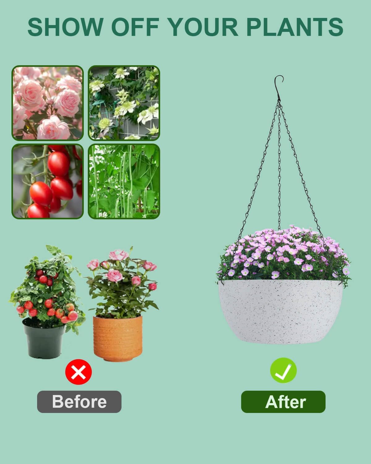 vensovo 12 Inch Large Hanging Planters for Outdoor Plants - 2 Pcs Plastic Hang Planter Flower Pot Baskets with Drainage Holes and Chain, Plant Pots for Home Garden Decor, White with Dot